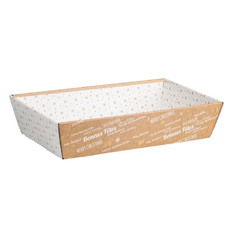 CORBEILLE CARTON RECTANGLE BONNES FÊTES - KRAFT BLANC - 36.5x27.5x7 cm