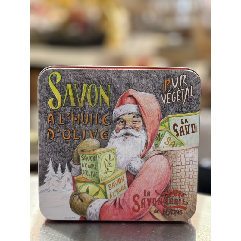 Boîte Métal Père Noël & Savons 4x100g – Parfums Épicés pour Noël