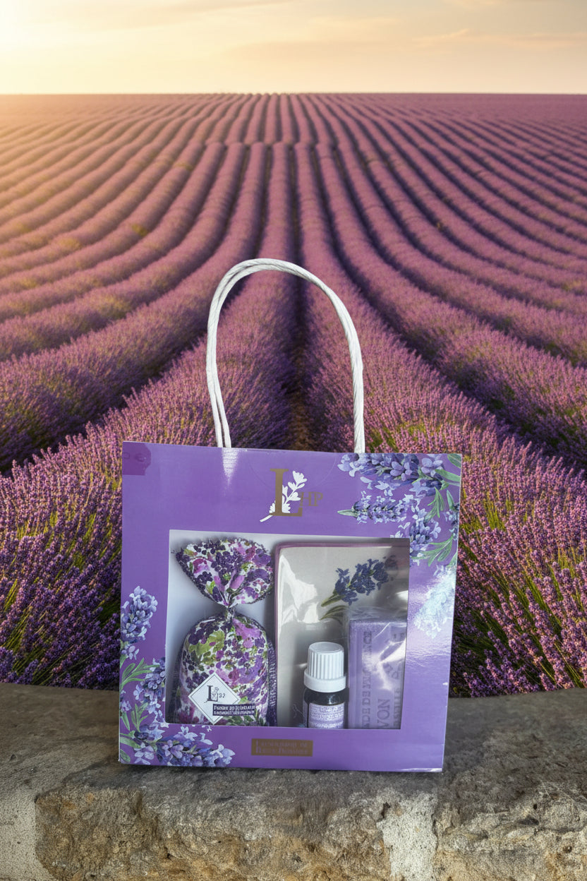Sac cadeau lavande (HE,PORTE SAVON, SAVON ET SACHET DE FLEURS DE LAVANDE) Maison Molinet