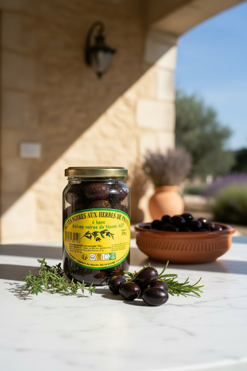 Olives Noires AOP aux Herbes de Provence – Pot 220 g Maison Molinet